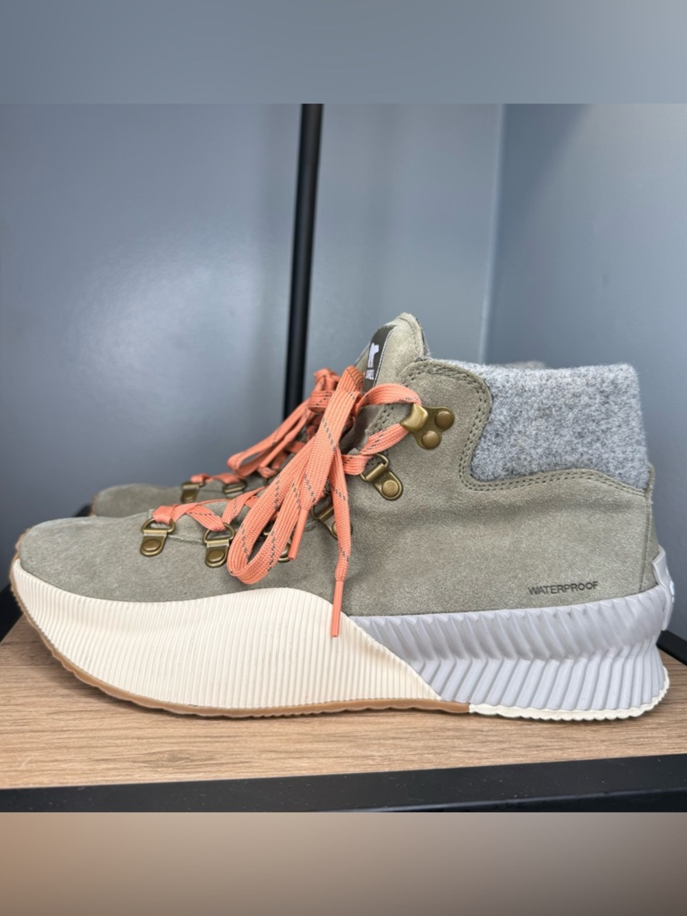 Sorel Olive Suede Boot with Gray Wool Collar and Coral Laces